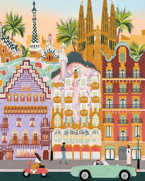 Phone Backgrounds Art, Cris Ortega, Barcelona Illustration, Barcelona Travel Poster, George Seurat, Barcelona Guide, Barcelona Print, Barcelona T Shirt, Whimsical Houses