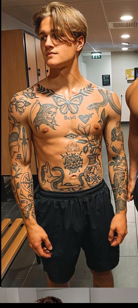 Mens Realism Tattoo Sleeve, Man Chest Tattoo Ideas, Cool Stomach Tattoos For Men, Mens Center Chest Tattoo, Indonesia Tattoo Traditional, Medium Chest Tattoo Men, Realistic Traditional Tattoo, Men’s Torso Tattoos, Men’s Body Tattoo