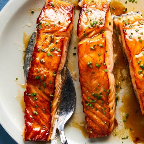 Double-Glazed Salmon with Ginger and Apple Cider | Cook's Illustrated Recipe Apple Cider Salmon, American Test Kitchen Recipes, Cooks Illustrated Recipes, American Test Kitchen, Test Kitchen Recipes, Donut Toppings, Salmon Soy Sauce, Illustrated Recipe, Cookie Toppings