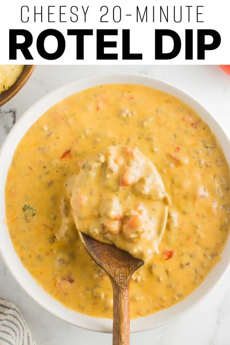 Rotel Dip is a flavorful and delicious queso dip made with just 3 simple ingredients - Velveeta cheese, Rotel, and ground beef. Super easy to make on the stovetop or in the slow cooker, enjoy this delicious party appetizer with your favorite crunchy veggies and salty tortilla chips. Velveeta Queso Dip, Queso Dips, Queso Dip Velveeta, Velveeta Rotel, Rotel Cheese Dip, Queso Sauce, Velveeta Queso, Yummy Appetizers Parties, Rotel Dip