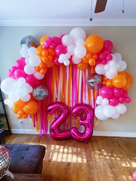 23rd Birthday Party Decorations, Pink Orange And White Balloon Arch, Pink And Orange Party Backdrop, Pink And Orange Brunch Decor, Pink Orange Birthday Theme, Pink And Orange Theme Birthday Party Ideas, Pink Orange White Balloon Garland, Pink And Orange Balloon Decorations, Preppy Pink And Orange Birthday