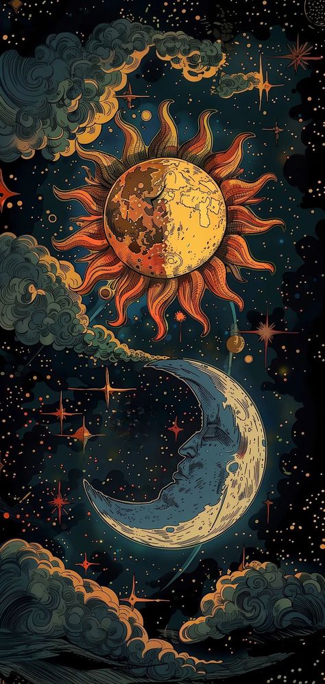 Wallpaper Backgrounds Witchy, Sun Moon Wallpaper Aesthetic, Aesthetic Sun Wallpaper Iphone, Celestial Ipad Wallpaper, Moon And Sun Wallpaper Aesthetic, Sun And Moon Art Aesthetic, Cosmic Wallpaper Aesthetic, Wallpapers That Spell Calm, Bohemian Phone Wallpaper