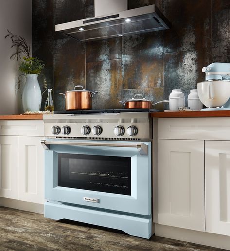 How to Mix Colorful Kitchen Appliances and not Muck It Up Colored Ranges Kitchen, Colored Appliances In Kitchen, Colored Appliances, Colorful Kitchen Appliances, Blue Range, Wooden Worktops, Modern Outdoor Kitchen, Retro Appliances, Kitchenaid Artisan