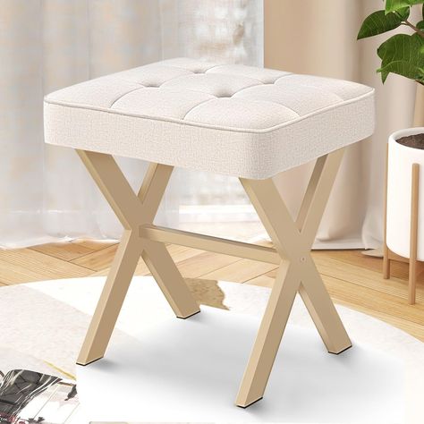 Amazon.com: COSTASKF Ottoman Foot Stool,Upholstered Cushion Vanity Stool with Matte Sand Metal X-Leg,Small Make up Stool for Vanity,18 Inch Leather Foot Stool, Square Makeup Stool for Bedroom,Living Room, Flaxen : Home & Kitchen Stool For Vanity, Stool For Bedroom, Makeup Tables, Leg Structure, Square Makeup, Small Footstool, Makeup Stool, Vanity Ideas, Entrance Foyer