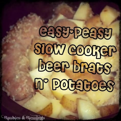 This is an incredibly easy meal to make in your slow cooker, so I thought I'd share. Purists and food snobs will hate this recipe because it takes shortcuts, but that's kind of the point -- making ... Brats And Potatoes Crock Pot, Crockpot Brats And Potatoes, Bratwurst In Crockpot, Brat Crockpot Recipes, Crockpot Bratwurst Recipes, Beer Brats Crockpot, Bratwurst Recipes Crockpot, Brats In Crockpot, Quick Crockpot Meals