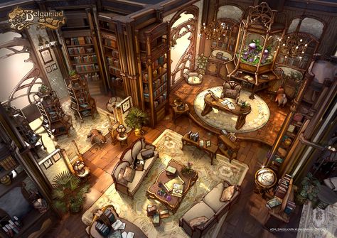 Magic Office Concept Art, Cutaway Room Illustration, Fantasy Study Room Concept Art, Dnd Study Room, Dnd Carriages, Study Room Concept Art, Wizard Study Room, Royal Study Room, Guild Hall Fantasy Concept Art