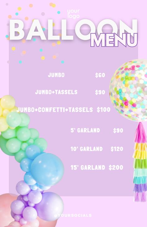 Transform Your Balloon Business with Our Editable Balloon Menu Templates! 🎈 Perfect for Balloon Artists. Bring your balloon decor vision to life and wow your clients with professional pricing and presentation. Download now and elevate your event styling business! #BalloonMenu #EventPlanning #BalloonDecor #CustomTemplates #EventStylist #PartyPlanning #EditableMenu #CanvaTemplates #EventDesign #BalloonArtistry #DIYEventPlanning #WeddingStyling #PartyDecor Styling Business, Balloon Business, Balloon Logo, Balloon Prices, Party Business, Booklet Design, Planning Tools, Balloon Decor, Balloon Design