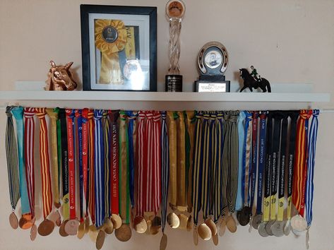 Trophy Display Shelves, Toy Collection Room, Medal Stand, Swimming Medals, Trophy Display, Medal Hanger, Medal Display, Cute Horses, Gymnast