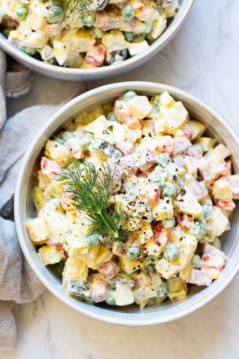 Olivier Salad (Russian Potato Salad) Russian New Year Food, Russian Olivier Salad, Olivia Salad Russian, Slovenian Potato Salad, Austria Potato Salad, Salad Olivier, Salad With Potatoes, January Food, Russian Olivye Salad