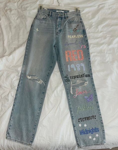 Eras Tour Outfits With Pants, Taylor Swift Custom Shoes, Diy Eras Tour Outfit Ideas, Taylor Swift Painted Jeans, Taylor Swift Shoes Diy, Eras Tour Pants, Eras Tour Jeans, Taylor Swift Jeans, Taylor Swift Clothes