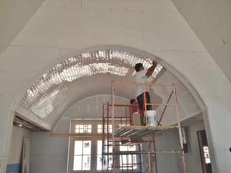 Barrel-vaulted Kitchen ceiling: 3x6 subway tile. Barrel Ceiling Lighting Ideas, Barrel Vault Ceiling Kitchen, Curved Vaulted Ceiling, Barrel Ceiling Living Room, Barrel Ceiling Kitchen, Vault Ceiling Kitchen, Barrel Ceiling Ideas, Barrel Vaulted Ceiling, Vaulted Kitchen