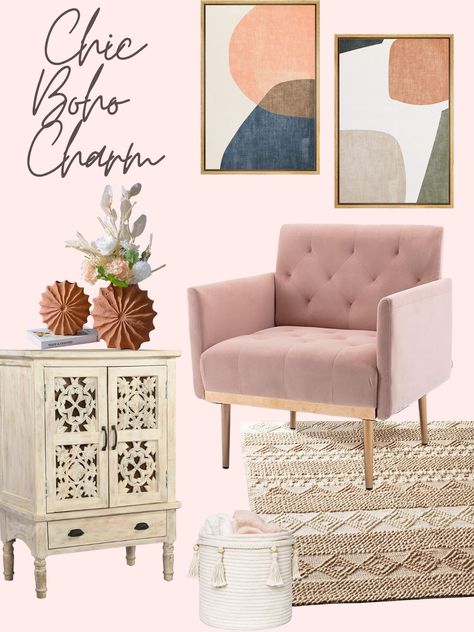 Pink velvet chair, boho shag throw rug, nude, beige, wall art, Décor, vintage, inspirational, inspo, home rustic farmhouse decor. Pink Accents Living Room, Mauve Living Room, Coral Vase, Vintage Chic Decor, Esthetics Room, Pink Couch, Greige Paint Colors, Esthetician Room, Neutral Pink