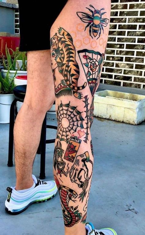 theInkedCulture- #theInkedCulture Check more at https://howcandothis.com/manstyle/theinkedculture/ Mens Traditional Leg Sleeve, Sailor Jerry Leg Tattoo, Compos Tattoo, Traditional Tattoo Art Leg, Old Traditional Tattoo Sleeve, Old School Leg Sleeve, Men’s Traditional Leg Tattoo, Leg Sleeve American Traditional, Traditional Patchwork Leg Sleeve