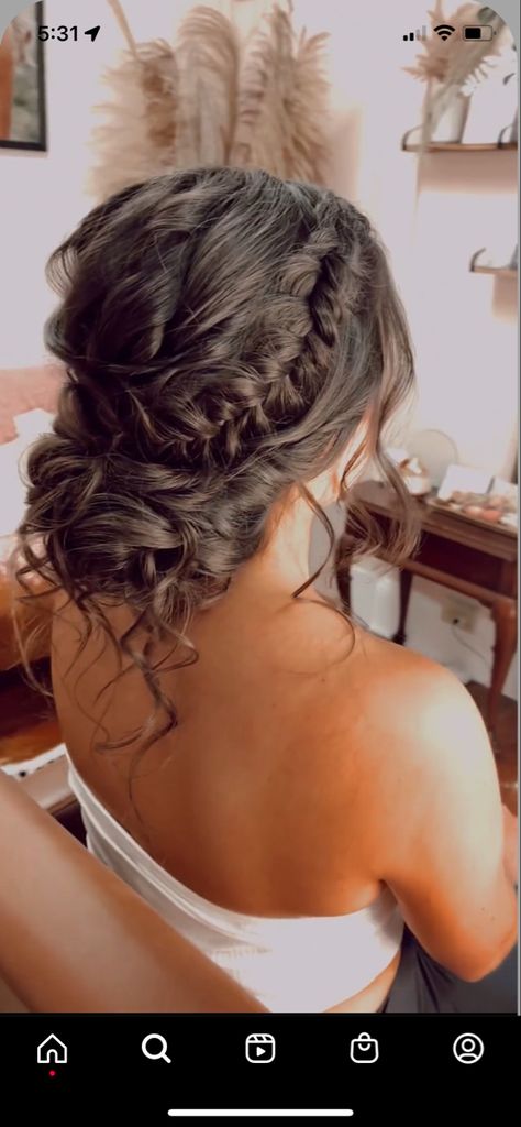 Low Messy Updo With Braid, Brunette Prom Hairstyles Updo, Updos For Long Hair Hoco, Homecoming Hair For Open Back Dress, Brown Hair Updo Prom, Spaghetti Strap Bridesmaid Dress Hairstyles, Up Do Hairstyles For Homecoming, Homecoming Hairstyles For Long Brown Hair, Mid Length Hoco Hairstyles