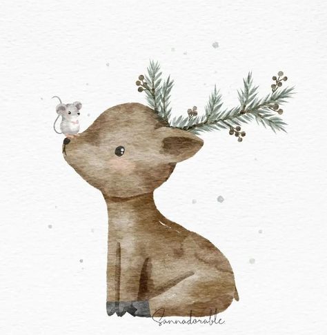 Christmas Animals Watercolor, Winter Animal Watercolor, Baby Deer Drawing, Winter Animals Illustration, Aquarell Christmas, Winter Karten, Painted Christmas Cards, Watercolour Christmas, Animal Christmas