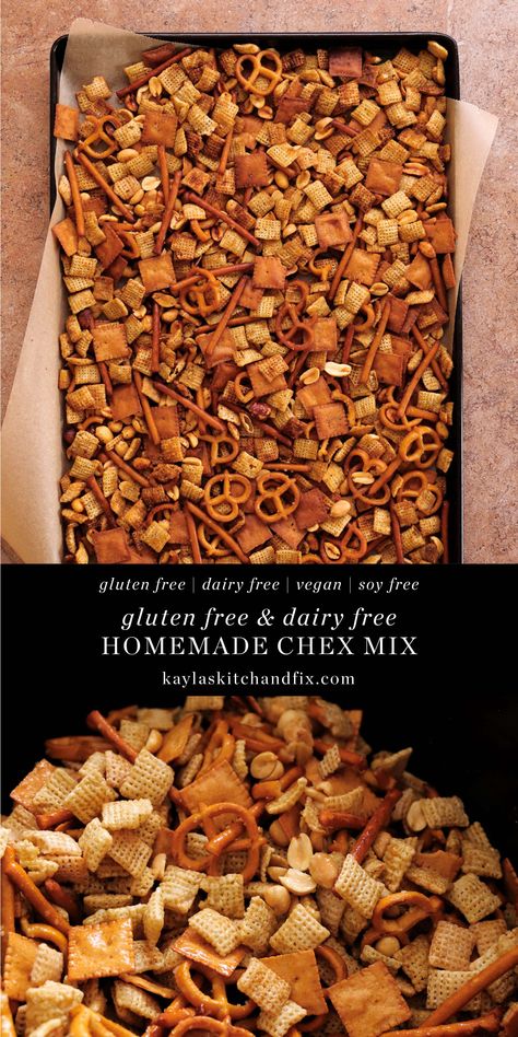 This Gluten Free & Dairy Free Chex Mix is made using a few better for you swaps but tastes just as good as the real thing, if not better. It can be made in a slow cooker or in the oven and either way, it's super simple and so delicious! Gluten Free Nuts And Bolts, Low Fodmap Chex Mix Recipes, Dairy Free Chex Mix Recipe, Chex Mix Gluten Free, Chex Mix Recipes Gluten Free, Party Chex Mix Recipes, Healthy Chex Mix Recipes, Gluten Free Chex Mix Recipes, Healthy Chex Mix