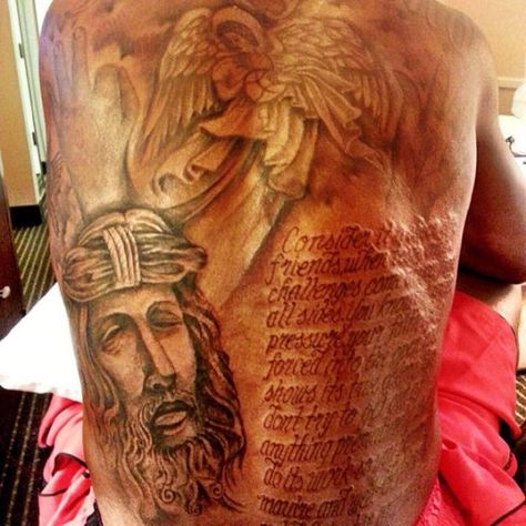 Kevin Durant Tattoo | Jesus + Angel & James 1:2-4 // WOW Kevin Durant Tattoo, Kd Tattoo, Bible Quote Tattoos, Scripture Tattoos, Tattoo Quotes For Men, Back Tats, 40th Quote, Inspirational Words Of Wisdom, Kelly Osbourne