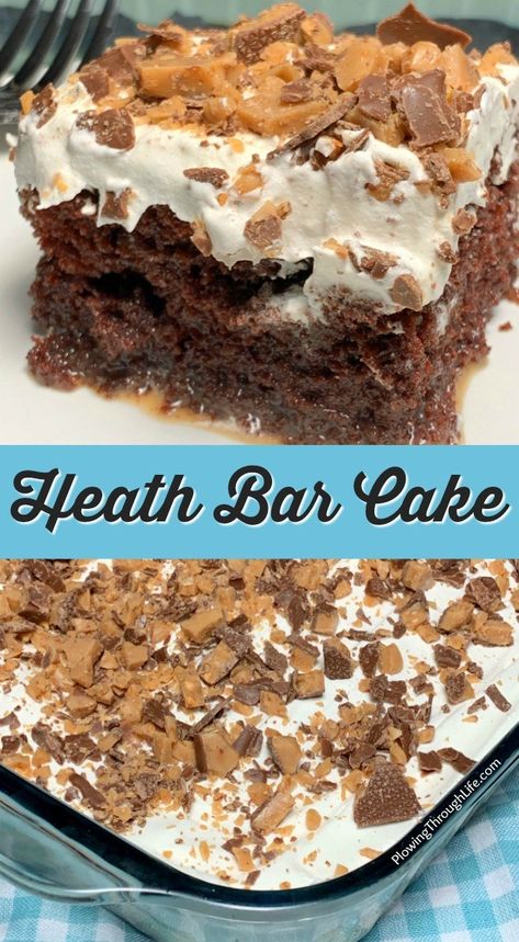 Heath Bar Cake - Plowing Through Life Poke Cake Heath Bar, Crumbl Chocolate Toffee Cake, Desserts With Heath Bars, Heath Chocolate Cake, Heath Candy Bar Cake, Candy Bar Poke Cake, Chocolate Heath Bar Cake, Heath Poke Cake Recipes, Heath Cake Recipe