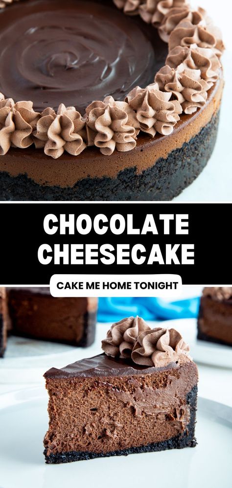 This chocolate cheesecake recipe is the perfect dessert for chocolate lovers. Made with an Oreo cookie crust, creamy chocolate cheesecake filling, chocolate ganache, and chocolate whipped cream, this cheesecake is decadent and delicious. Oreo Cheesecake Crust, Dark Chocolate Cheesecake, Chocolate Cheesecake Recipe, Creamy Chocolate Cheesecake, No Bake Chocolate Cheesecake, Low Carb Cheesecake Recipe, Oreo Cookie Crust, Best Chocolate Desserts, Chocolate Cheesecake Recipes