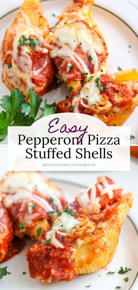 Pasta shells stuffed with ricotta, Italian seasoning and Parmesan cheese, and diced pepperoni. Pizza Stuffed Shells, Pizza Stuffed Shells Recipe, Recipes With Pepperoni, Pizza Stuffed Peppers, Pizza Rice, Pepperoni Pizza Pasta, Pasta Buffet, Pasta Shells Stuffed, Casserole Dinners