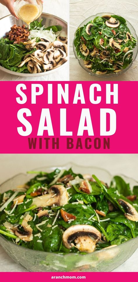 spinach bacon and mushrooms in a bowl with dressing drizzled on top Fall Spinach Salad, Spinach Salad With Bacon, Spinach Salad Dressing, Salad Spinach, Garlic Dressing, Best Macaroni Salad, Paleo Friendly Recipes, Spinach Mushroom, Mushroom Salad