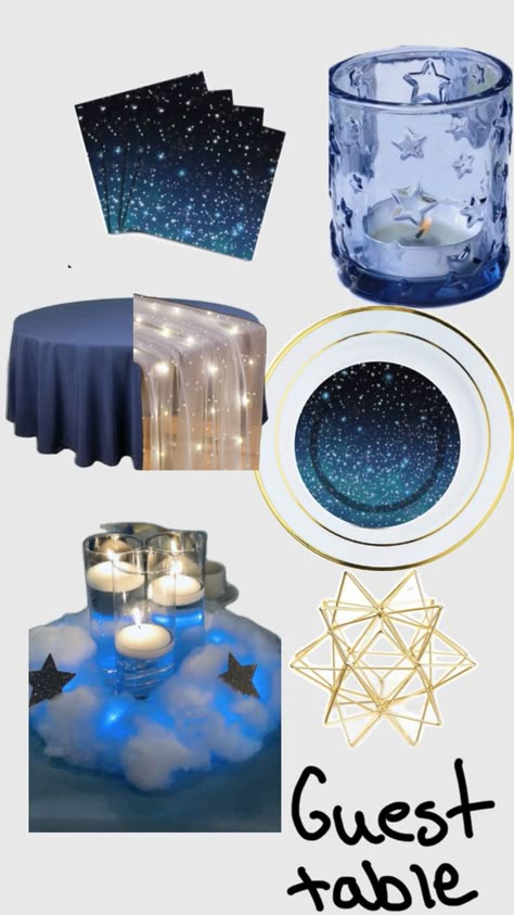 Starry Table Decor, Starry Night Banquet, Midnight Centerpieces, Written In The Stars Party Theme, Starry Night Event Decor, Moonlight Theme Party, City Of Stars Prom Theme, Celestial Tablescape, Starry Night Centerpieces