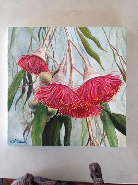 Gumnuts And Leaves, Australian Native Flower Painting, Gumnut Painting, Botanical Art Drawing, Eucalyptus Art, Flowering Gum, Eucalyptus Flower, Gum Leaves, Australian Flowers