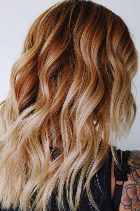 Brunette To Blonde Ombre Medium, Copper Blonde Hair Dark Roots, Strawberry Blonde To Blonde Ombre, Bleach Ombre Hair, Red Hair With Blonde Balayage Ombre, Red Root Melt Blonde Ombre, Ombre Hair Red To Blonde, Auburn Blonde Balayage Ombre, Blonde Copper And Brown Hair