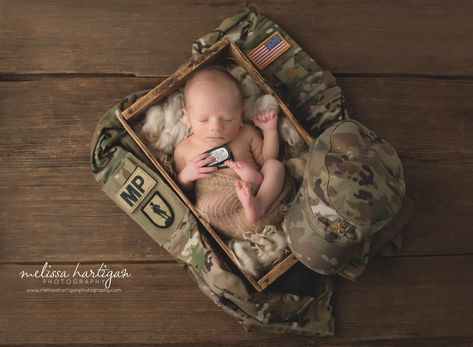 newborn baby boy posed with army reserve uniform and dogtags Army Baby Pictures, Baby Boy Poses, Sleep In Peace, Army Baby, Military Baby, Baby Smiles, Portrait Design, Newborn Props, Newborn Photography Props