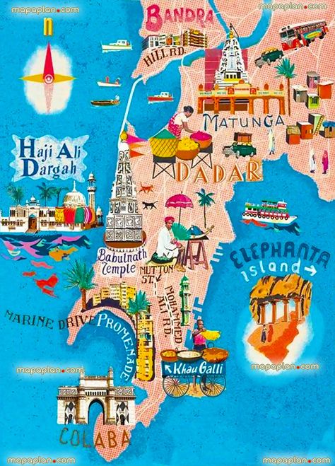 Mumbai Map, Mumbai Travel, London Travel Guide, India Poster, Restaurants In Paris, Travel Infographic, Map Illustration, Poster City, Art Carte