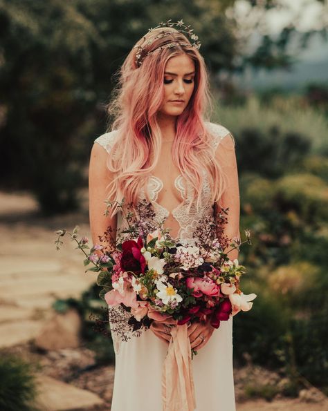 celestial crown Pink Hair Wedding, Celestial Crown, Starry Wedding, Bohemian Elopement, Colored Wedding Dress, Ojai California, Fairy Wedding Dress, Wedding Dress Boutiques, Fairy Wedding