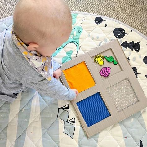 DIY SENSORY BOARD FOR BABIES . This is an alternative option to the baby board I made using baby wipe lids. It's partly inspired by my talented buddy @love_live_learning who makes amazing cardboard puzzles and partly inspired by @creativeplayideas who has Sensory Board For Babies, Sensory Mat, Baby Sensory Board, Diy Sensory Board, Baby Ball Pit, Diy Sensory, Sensory Bags, Tummy Time Activities, Corrugated Card