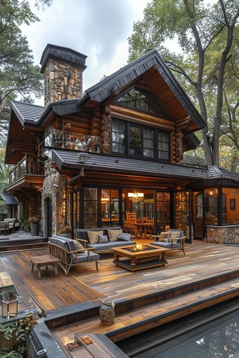 Rustic Lodge Exterior, Wooden Lodge House, Mountain Lodge Exterior, Cabin Mansion Exterior, Lodge Home Exterior, Cabin Designs, Loft Modern, Mountain Lodge, Manifestation Board