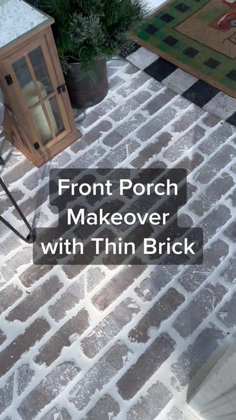 Remodel Concrete Patio, Diy House Projects Outdoor, Rocks As Edging, Diy Exterior Decor, Ideas For Concrete Porches, Front Patio Floor Ideas, Narrow Walkway To Front Door, Faux Brick Steps Front Porches, Concrete Pad Front Porch