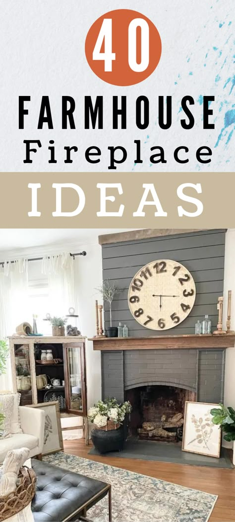 Farmhouse Fireplace Surround Ideas, Makeover Fireplace Ideas, Fireplace Makeover Rustic, Fireplace Farmhouse Ideas, Fireplace Farmhouse Style, Wall To Wall Fireplace Mantle, Industrial Farmhouse Fireplace, Living Room Shiplap Fireplace, Plaster Wall Fireplace