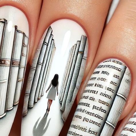 Tamara Margaryan on Instagram: "Refined Literary Nail Design ✨  Discover elegance with these almond-shaped nails featuring an intricate design inspired by a girl walking between giant book pages. 📖💅 Perfectly balanced with equal diameter and length, these nails offer a refined and sophisticated look. The smooth, white gradient background with detailed text creates an illusion of depth and narrow passages. Each nail is polished to perfection, adding a three-dimensional effect. Elevate your nail game with this unique literary-themed art! ✨📚🌸   #elegantnails💅🏾 #literarydesigns #booklovershelp #ɴᴀɪʟᴅᴇsɪɢɴs" Nail Designs Book, Book Nail Designs, Book Themed Nails, Illusion Nail Art, Book Inspired Nails, White Gradient Background, Book Nail Art, Art Wishlist, Book Nails