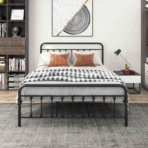 Black Queen Bed Frame, Full Metal Bed Frame, Black Queen Bed, Bed Frame Queen Size, Vintage Headboard, Queen Metal Bed, Bed Frame Queen, Iron Bed Frame, Queen Size Platform Bed