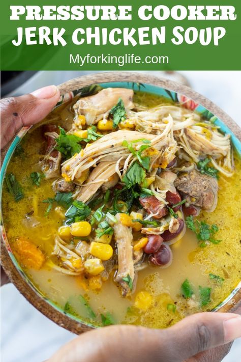 This Jamaican Jerk Chicken Soup made in your Instant Pot is a delicious spin on traditional chicken soup. Made with authentic jerk seasonings. #instantpot #soup #caribbeanrecipe #jerkchicken #pressurecookerrecipes" Jerk Chicken Soup, Pollo Tropical, Jamaican Jerk Chicken, Jamaican Dishes, Jamaican Jerk, Turkey Soup, Instant Pot Soup, Jerk Chicken, Jamaican Recipes