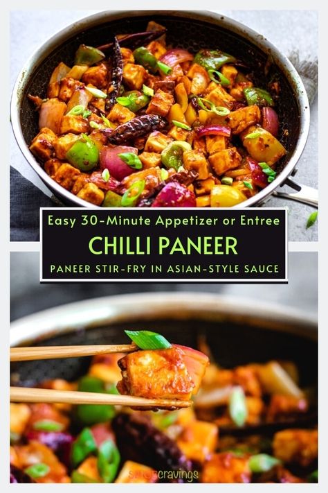 This Chilli Paneer recipe combines soft paneer cubes pan-fried to crispy perfection, then stir-fried with vegetables and a lip-smacking, umami-packed sauce. #paneer #indian #chinese #vegetarian Chilli Paneer Recipe, Crispy Paneer, Crunchy Onions, Chinese Vegetarian, Chili Paneer, Food Rocks, Vegetable Chow Mein, Cravings Recipes, Parmesan Roasted Potatoes