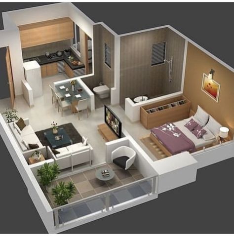 Small Apartment Plans, One Bedroom House Plans, One Bedroom House, House Floor Design, Small Apartment Design, Apartment Floor Plans, Simple House Design, Sims House Plans, House Layout Plans