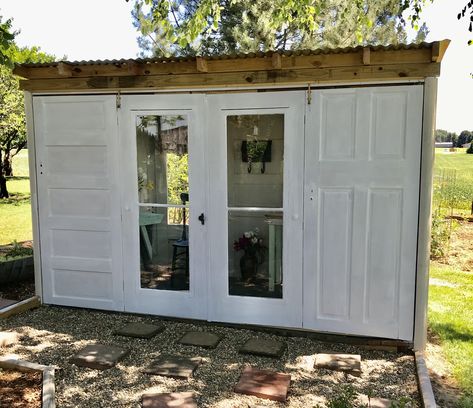 She’d Door Ideas, Shed Made From Doors, Sheds Made From Old Doors, Shed Made From Old Doors, Garden Shed Made From Doors, She Shed Made Out Of Old Doors, Garden Shack, Allotment Shed, Farmhouse Sheds