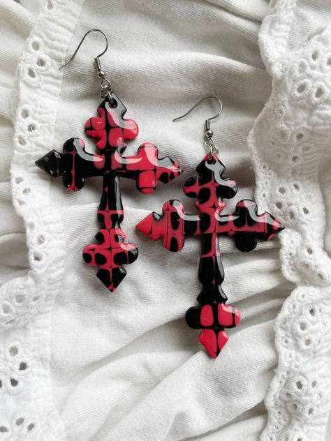 Beautiful hand made polymer clay cross earrings using the offcuts from previous collections. They are covered in resin for a super glossy finish! Diy Red Earrings, Polymer Clay Cross, Clay Cross, Red Gothic, Polymer Clay Jewellery, Gothic Cross, Gothic Crosses, Pinterest Makeup, Clay Jewellery