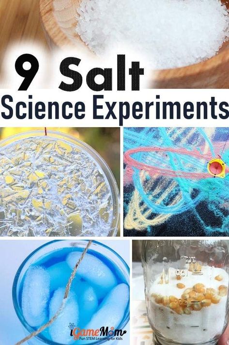 Kitchen science experiments to do at home with materials you already have in the pantry. Simple salt science activities: egg in salt water experiment, ice and salt experiment, growing salt crystal, salt water density demo, ... Learn scientific thinking with edible STEM projects at home, school, homeschool. #ScienceForKids #STEMforKids #iGameMomSTEM #kidsactivities #ScienceActivities #ScienceClass #STEMactivities #STEMeducation Salt Science Experiments, Salt Water Experiment, Salt Experiment, Experiments To Do At Home, Edible Stem, Kitchen Science Experiments, Kids Stem Activities, Water Experiments, Kitchen Science