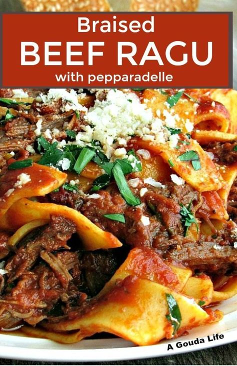 Braised Beef Ragu with pappardelle pasta ~ slow cooked tender beef shredded in a rich homemade tomato sauce over pappardelle pasta. Delicious Sunday Supper comfort meal.  #braisedbeef #beef #beefragu #ragu #sundaysupper  #pasta Braised Beef Ragu, Ragu With Pappardelle, Beef Ragu Recipe, Beef Roasts, Italian Meals, Beef Ragu, Ragu Recipe, Pappardelle Pasta, Yummy Meals