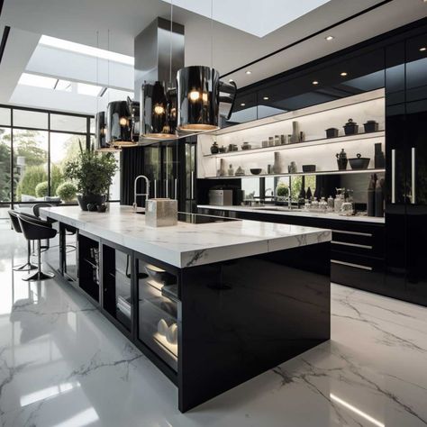 How to Design a Modern Luxury Black Kitchen • 333+ Art Images Black Kitchen White Marble, Rich Kitchen Luxury, Luxury Kitchen Design Modern Interiors, Modern Mansion Kitchen, Kitchen Luxury Design, Luxury Black Kitchen, Modern Mansion Interior, Luxury Kitchen Design Modern, Black Cabinetry