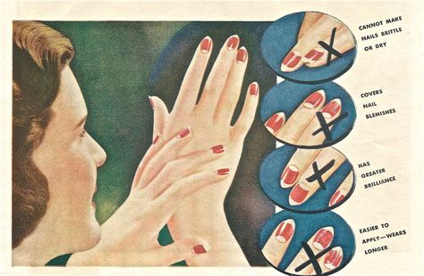 1930's type of manicure, The Half moon 1930s Beauty, 1930s Makeup, Half Moon Manicure, Moon Manicure, Types Of Manicures, Retro Nails, Nail Salon Decor, Fashion 1940s, Vintage Nails