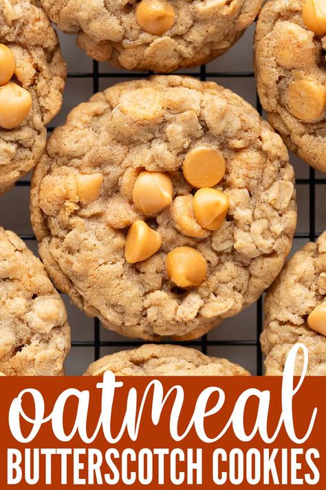 Oatmeal Butterscotch Cookies - Perfectly chewy cookies filled with old-fashioned oats and creamy butterscotch chips. These are one of my favorite Christmas cookies and are perfect for holiday baking, gifting, or for whipping up anytime of year! Double Butterscotch Cookies, Cookie With Butterscotch Chips, Butterscotch Oatmeal Cookies Chewy, Oatmeal Cookies Butterscotch Chips, Butterscotch Chip Cookies Recipes, Butterscotch Chips Cookies, Soft Butterscotch Cookies, Nestle Butterscotch Oatmeal Cookies, Oatmeal Cookies With Butterscotch Chips