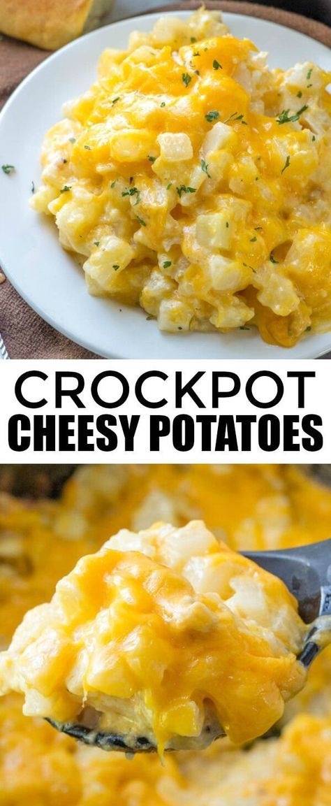 These Crockpot Cheesy Potatoes are the ultimate crowd-pleaser! With creamy, gooey cheese and tender potatoes, this no-fail recipe is perfect for dinnertime, potlucks, or when you're short on time. Just set it and forget it! #slowcooker #cheesypotatoes #potatolovers Crockpot Cheesy Potatoes, Summer Potluck Dishes, Cheesy Potatoes Recipe, Crock Pot Potatoes, Vegetarian Crockpot Recipes, Pot Recipes Healthy, Caprese Pasta, Pot Recipes Easy, Crockpot Breakfast