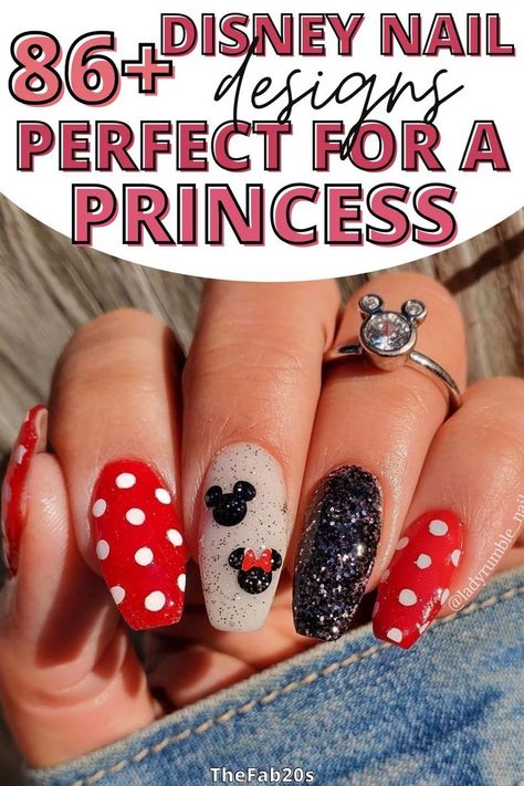 Disney Nails Ideas Simple, Disney Sns Nails Designs, Minnie Inspired Nails, Disney Winter Nail Designs, Disney Nails Sns, Almond Disney Nails Designs, Disney Nails Valentines, Minnie Mouse Nails Red, Disneyworld Nails Ideas