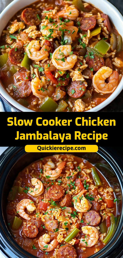 This Slow Cooker Chicken Jambalaya is a bold, flavorful dish filled with tender chicken, sausage, rice, and Cajun spices. A perfect one-pot meal!

Ingredients:

1 lb chicken breast, diced
1/2 lb smoked sausage, sliced
1 cup uncooked rice
2 cups chicken broth
A hearty, slow-cooked Cajun classic th Shrimp And Sausage Gumbo Crockpot, Chicken Sausage Slow Cooker, Cajun Chicken And Sausage Jambalaya, Jumbalya Crockpot Recipes, Jambalaya Crockpot, Crock Pot Jambalaya, Slow Cooker Jambalaya Recipe, Cajun Jambalaya Recipe, One Pot Jambalaya